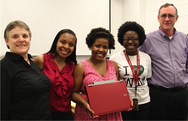 (left to right) Deputy CIO Bernadette Kenney with Delta Sigma Theta sisters Bailey Rose, Ashley Pettway, and Danielle Laing, and IT's Director of Systems and Support Chris Ward 